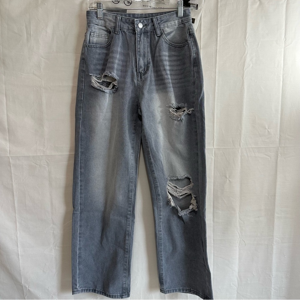 SHEIN PETITE Womens Front-Button Multi-Pocket Ripped Denim Jeans Gray Small/4 - Picture 2 of 12